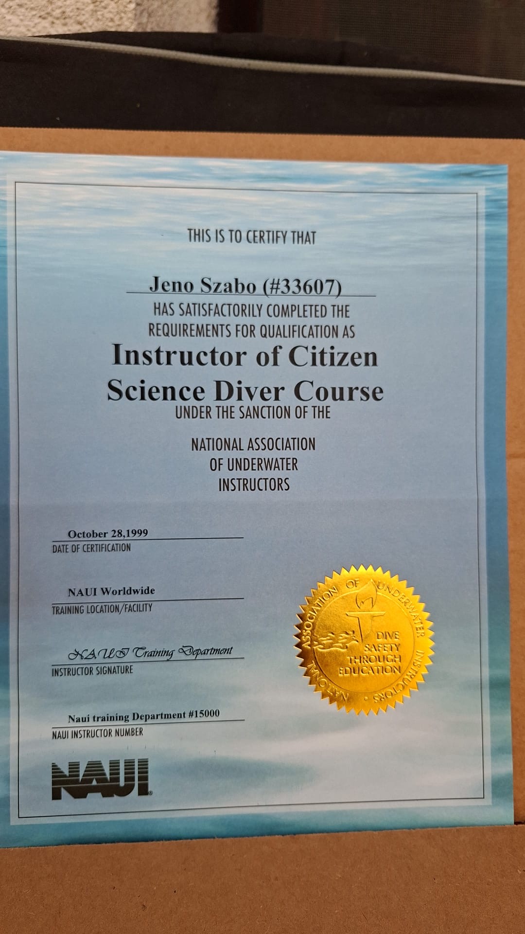 Certificat NAUI de instructor pentru Citizen Science Diver Course, emis pe numele Jeno Szabo (#33607), 28 octombrie 1999