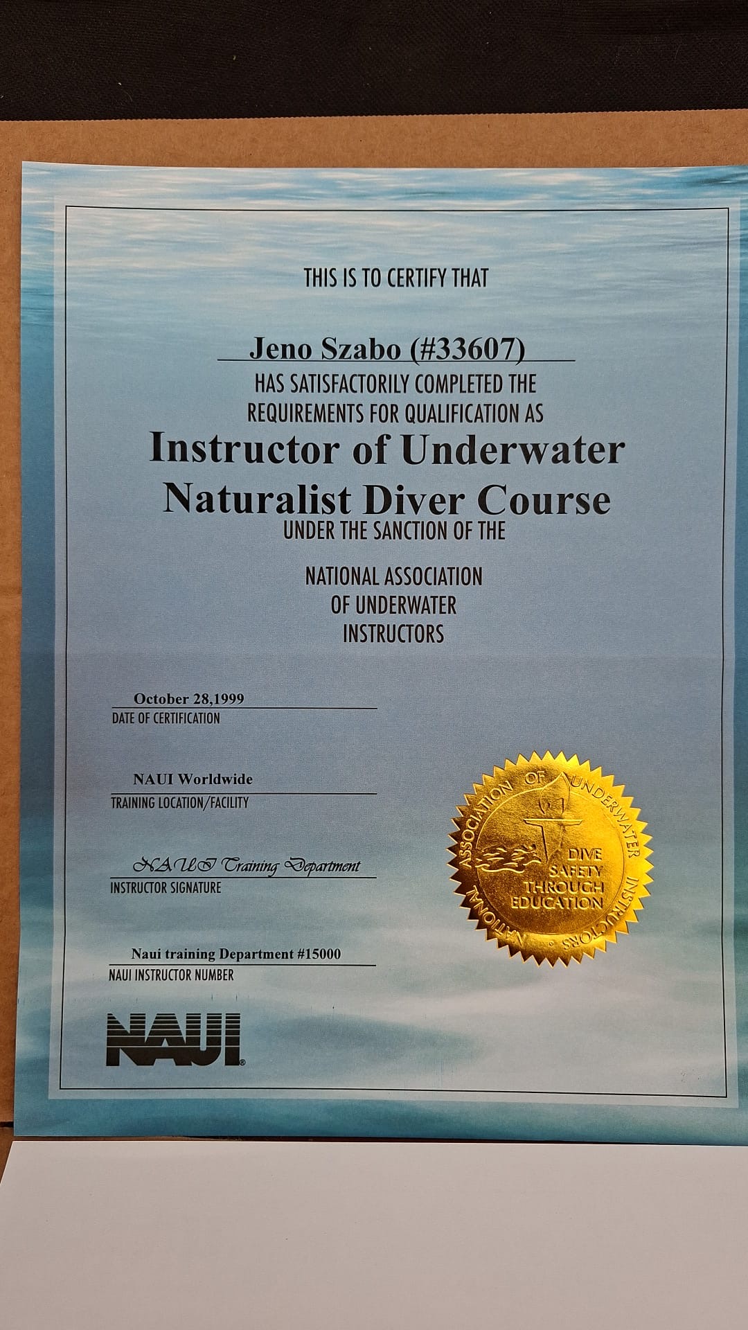 Certificat NAUI de instructor pentru Underwater Naturalist Diver Course, emis pe numele Jeno Szabo (#33607), 28 octombrie 1999